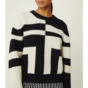 NWT Rare Tory Burch Sport Navy/Cream Chunky Ribbed Merino Wool T Sweater Sz L